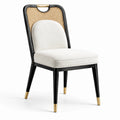 Esszimmerstuhl aus Holz mit Baumwollsitz und Rattan-Rückenlehne, Schwarz/Gold, 90 cm