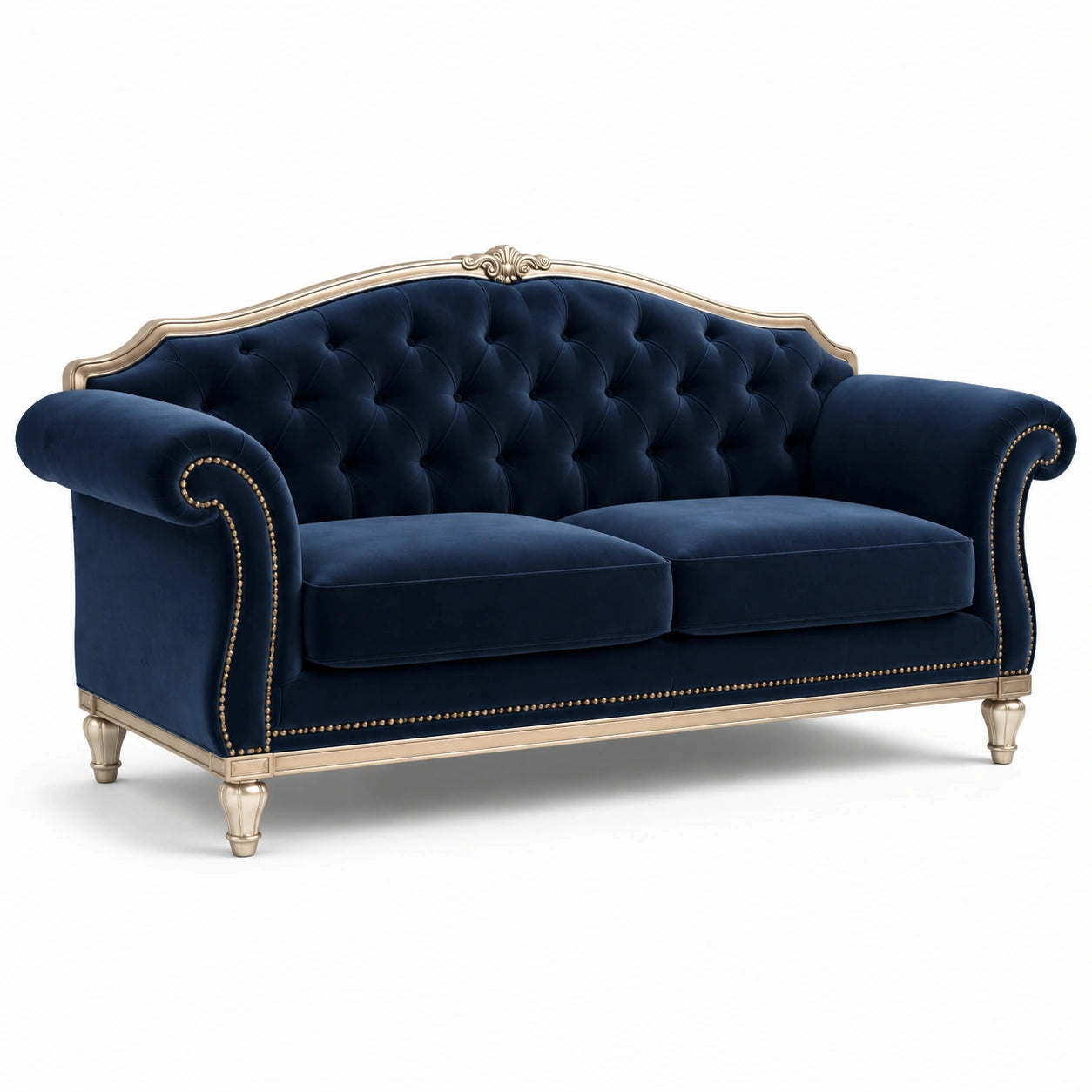 3-Sitzer Sofa aus Holz mit Samtbezug in Dunkelblau