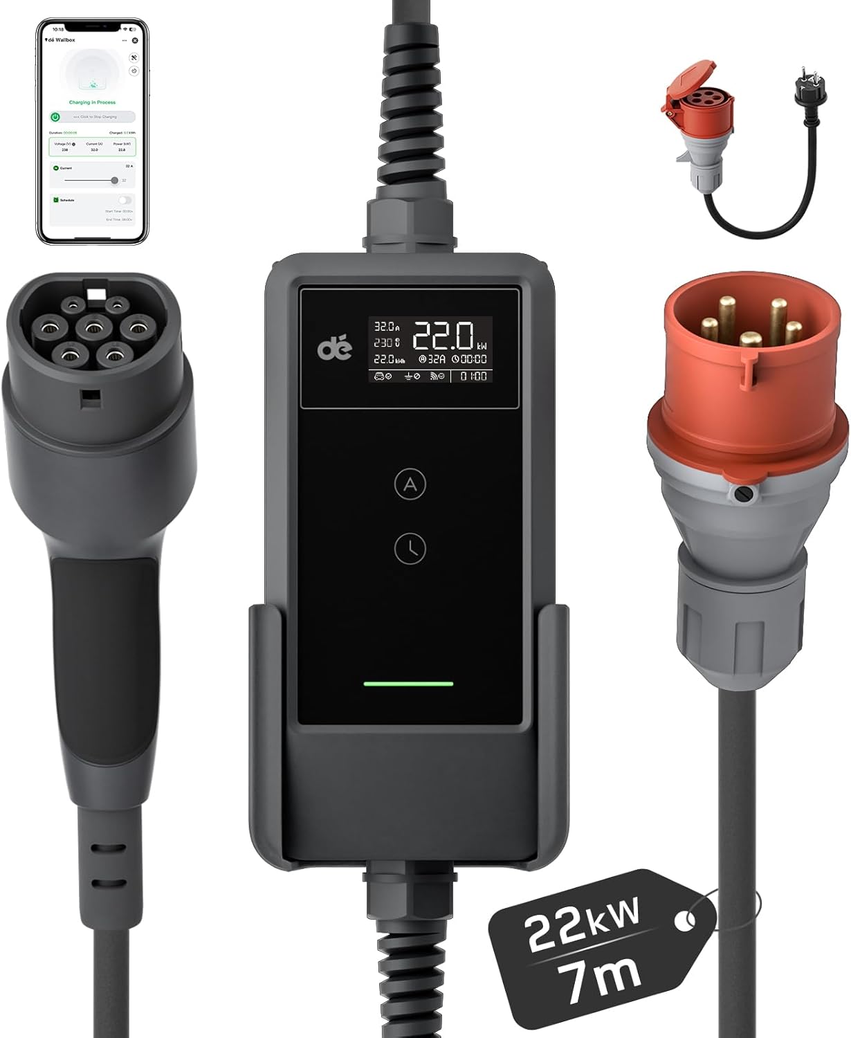 Dé Mobile Wallbox/Ladestation 22 kW Mit App [3-phasig, Für Zuhause, 230 V, 7 m, 17m, 210m
