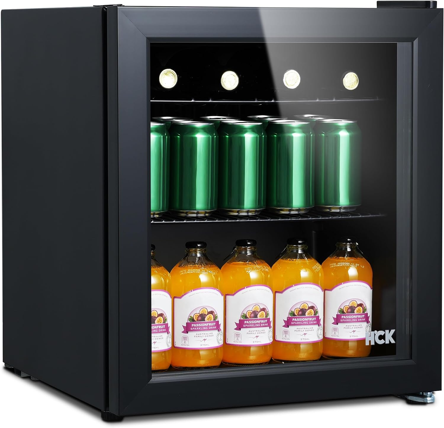 HCK 48 l Mini Kühlschrank mit Glastür, Automatisch, Getränkekühlschrank, 39 dB, 42 l, 98 kWh, LED, Schwarz