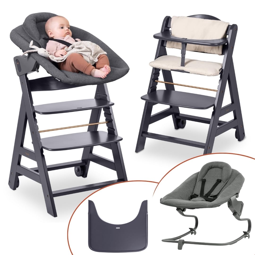 Hauck Beta+ Hochstuhl Newborn Set mit Premium Bouncer - Dark Grey, Treppenhochstuhl, Babyhochstuhl, 90 kg