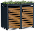 Metzler Mülltonnenbox 2er 240 l in Anthrazit & Holzoptik mit Pflanzdach & Sichtstreifen, Automatisch, 332,2 cm