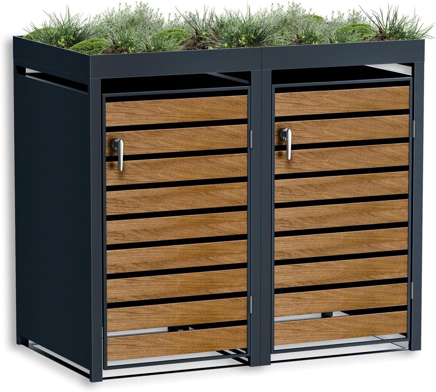 Metzler Mülltonnenbox 2er 240 l in Anthrazit & Holzoptik mit Pflanzdach & Sichtstreifen, Automatisch, 332,2 cm