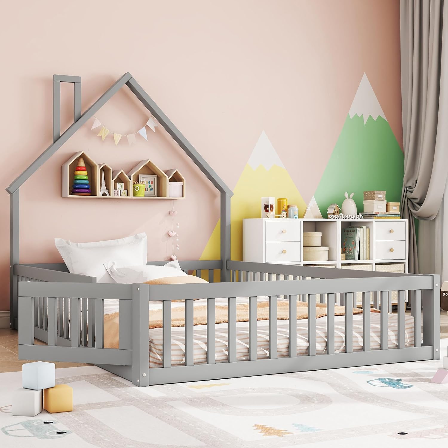 Merax Kinderbett Bodenbett 140 × 200 cm Hausbett mit Rausfallschutz & Lattenrost, Matratze, Praktisch, Grau
