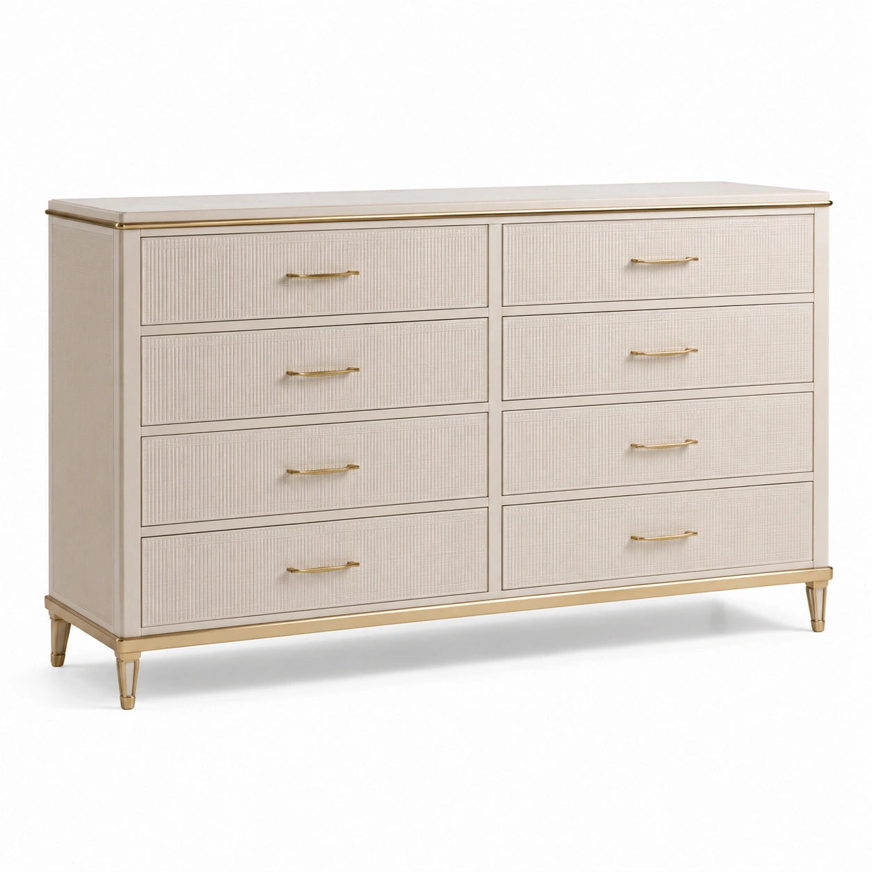 Kommode mit 8 Schubladen aus MDF und Metall in Beige-Gold 150x45x85 cm