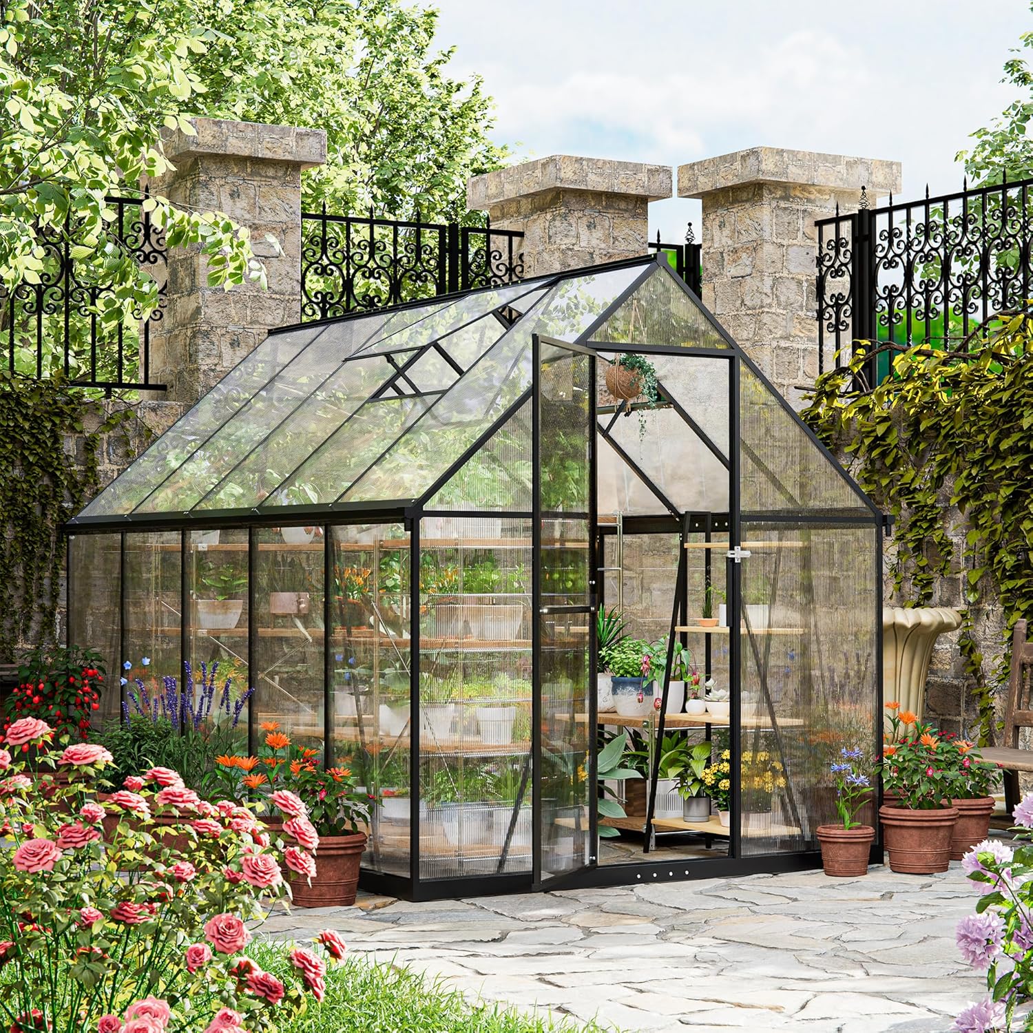 ALAULM Polycarbonat-Gewächshaus 175 × 281 × 195 cm, 4 mm, Schwarz