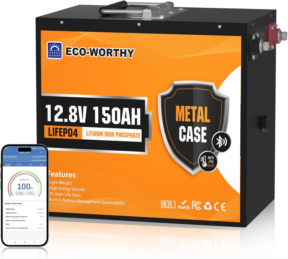 ECO-WORTHY LiFePO4 150 Ah 12 V Bluetooth Batterie mit 120A BMS Low-Temp Schutz und Max., Auto-Starterbatterie, Garten, 25m, 7 °C, 20 °C, 285 mm, APP