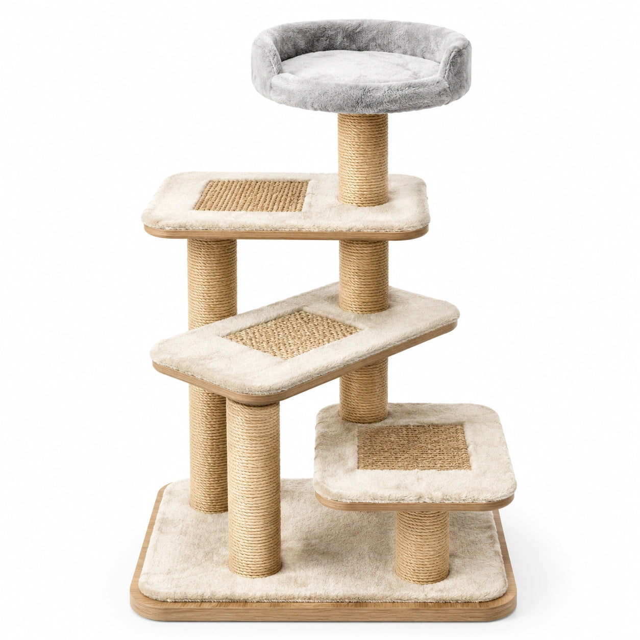 Katzenbaum mit Sisalstangen und Plüschbezug, Beige, 4 Ebenen