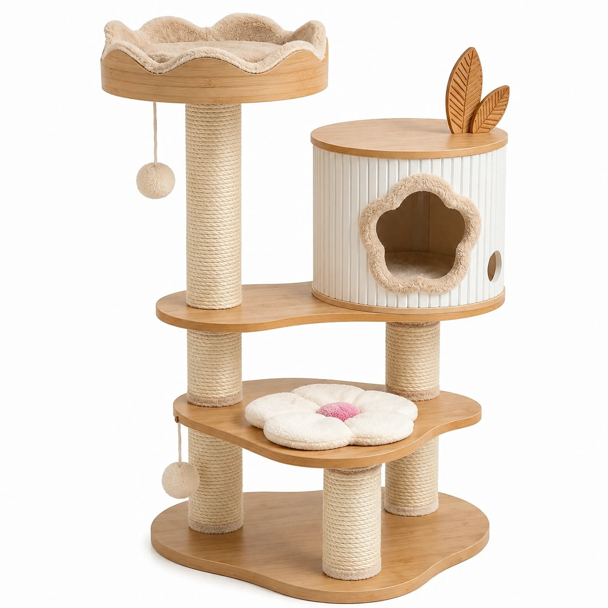 Holz- und Sisal-Kratzbaum mit Höhle und Spielzeug