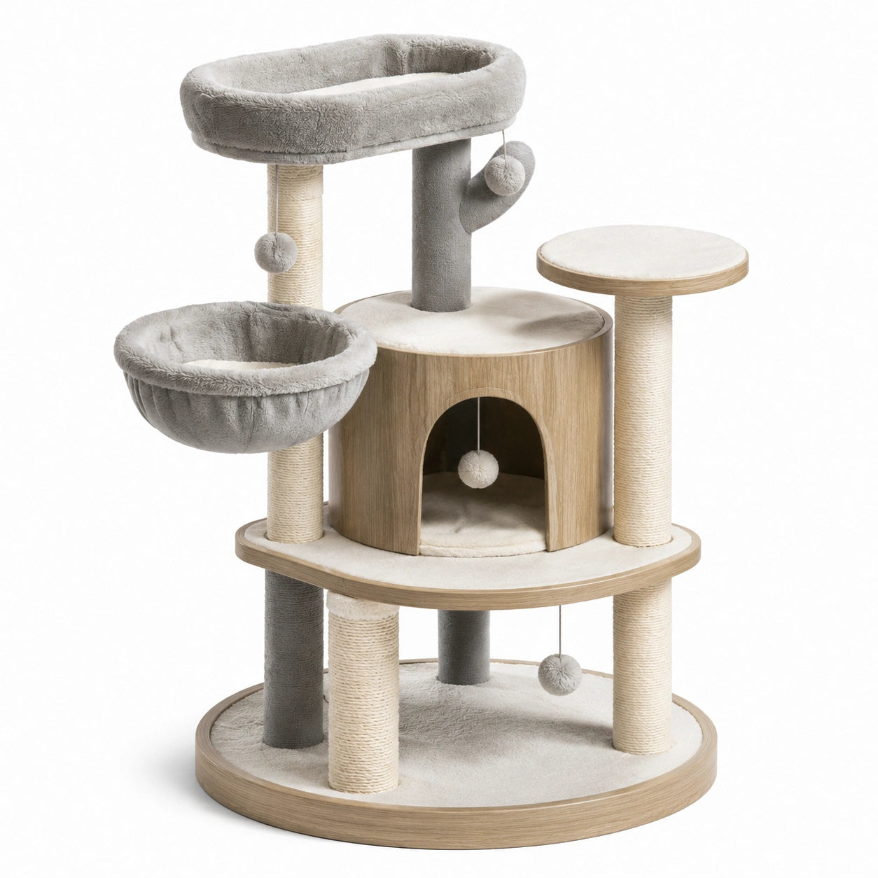 Holz-Kratzbaum für Katzen mit Plüsch und Sisal, Beige/Grau, 120 cm