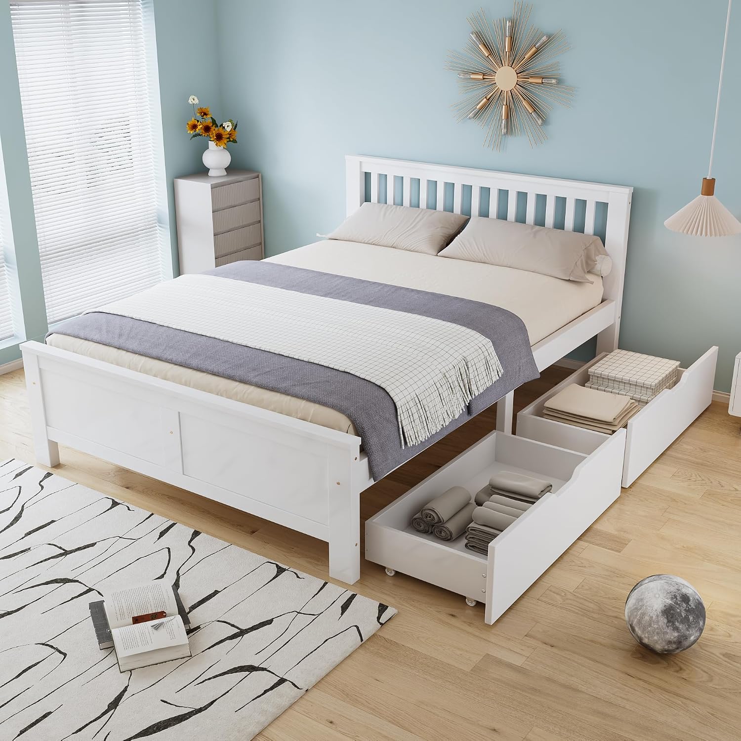 Merax Doppelbett mit Schubladen 140 × 200 cm, Holzbett, Kinderbett, 120 kg