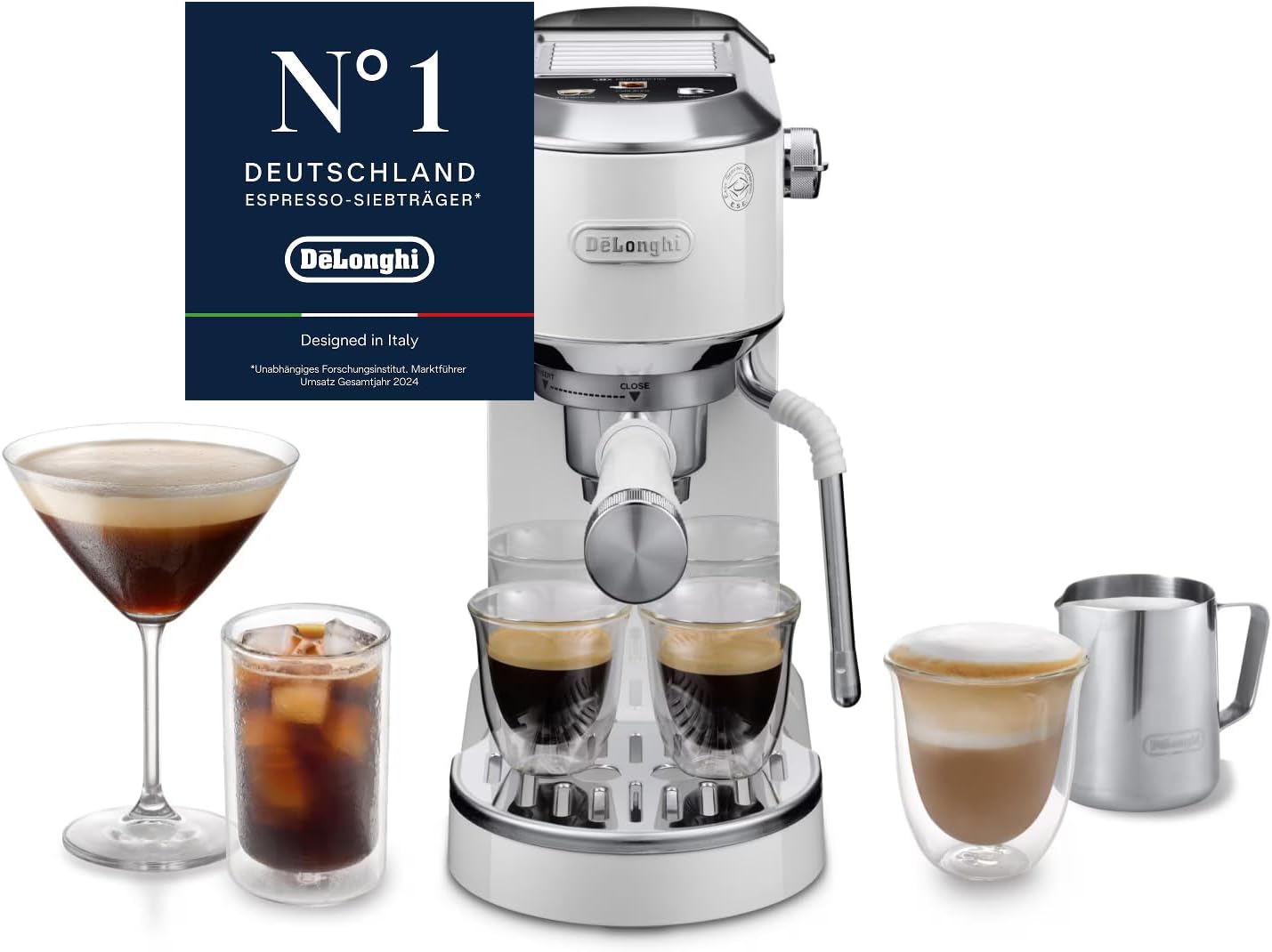 De'Longhi Dedica Duo - Perfetto Kompakte Siebträgermaschine Espressomaschine, Weiß (EC890. WI), 15 cm breit, Cappuccino und Cold Brew