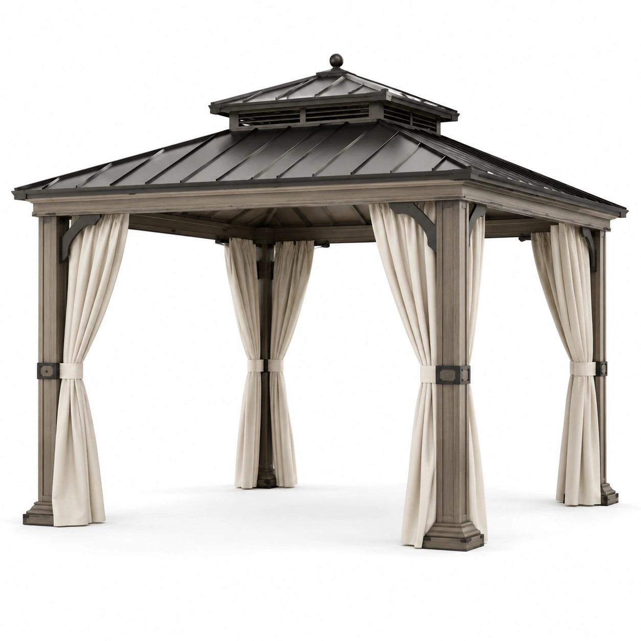 Sechseckiger Pavillon aus Stahl mit Polyester-Vorhängen, Dunkelgrau/Beige