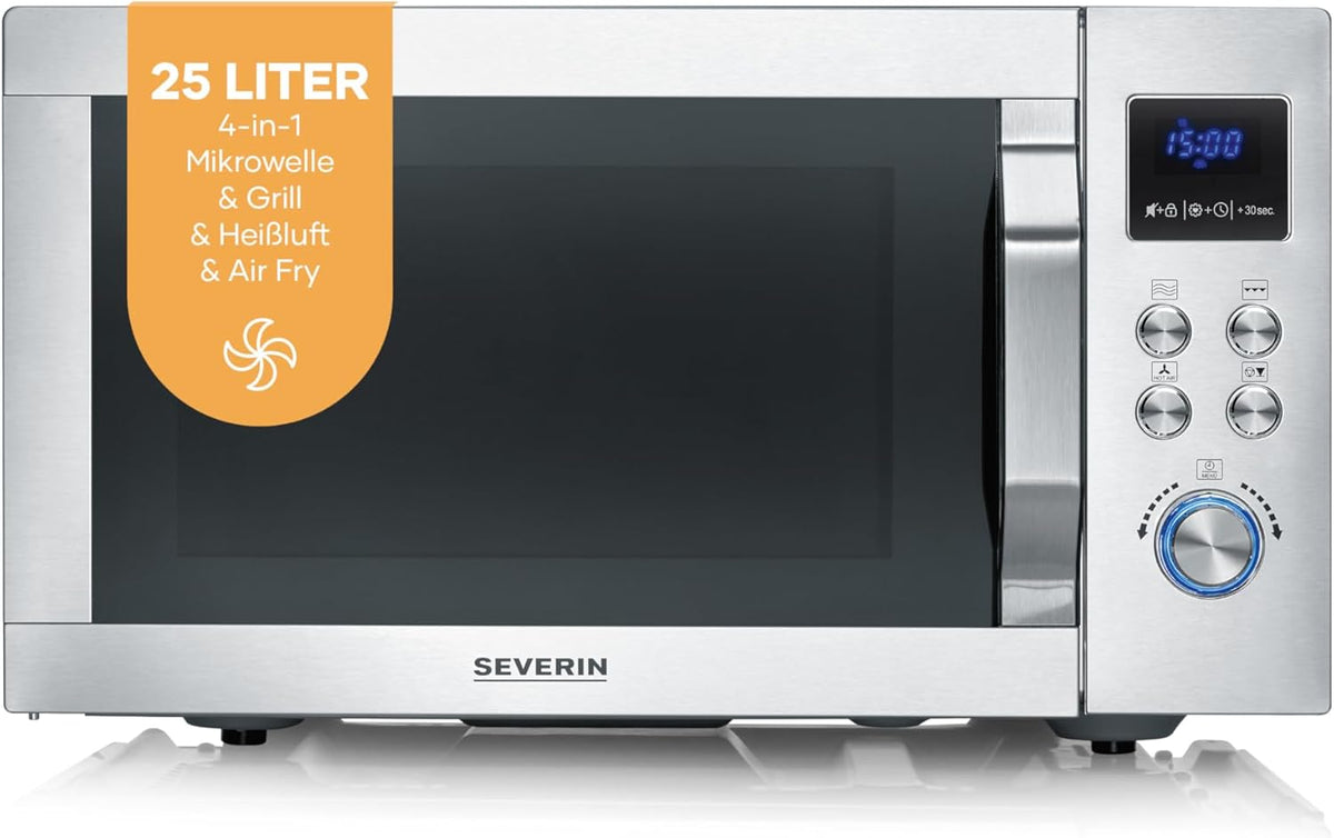 SEVERIN 4-in-1 Mikrowelle „Crispy Wave', Heißluftfritteuse, Backofen, 25 l, 900 W, 1950 W, 16,4 kg, 48,5 cm, 47,5 cm, Edelstahl
