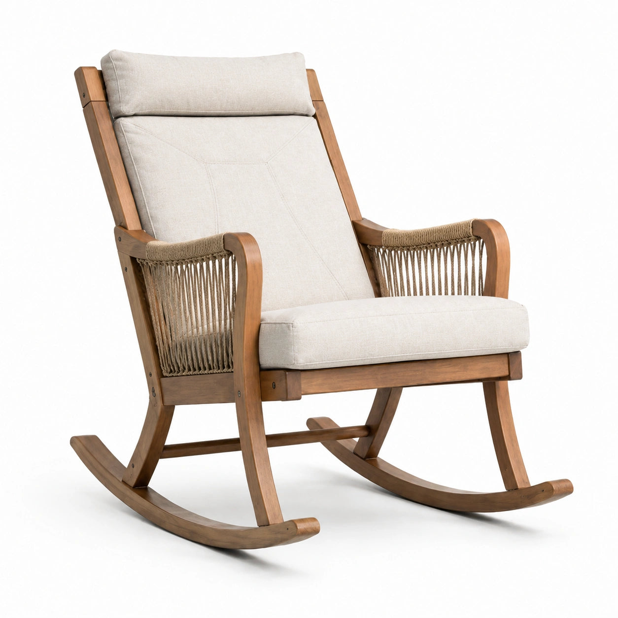 Schaukelstuhl aus Holz mit Leinenstoff und Seil-Armlehnen Beige
