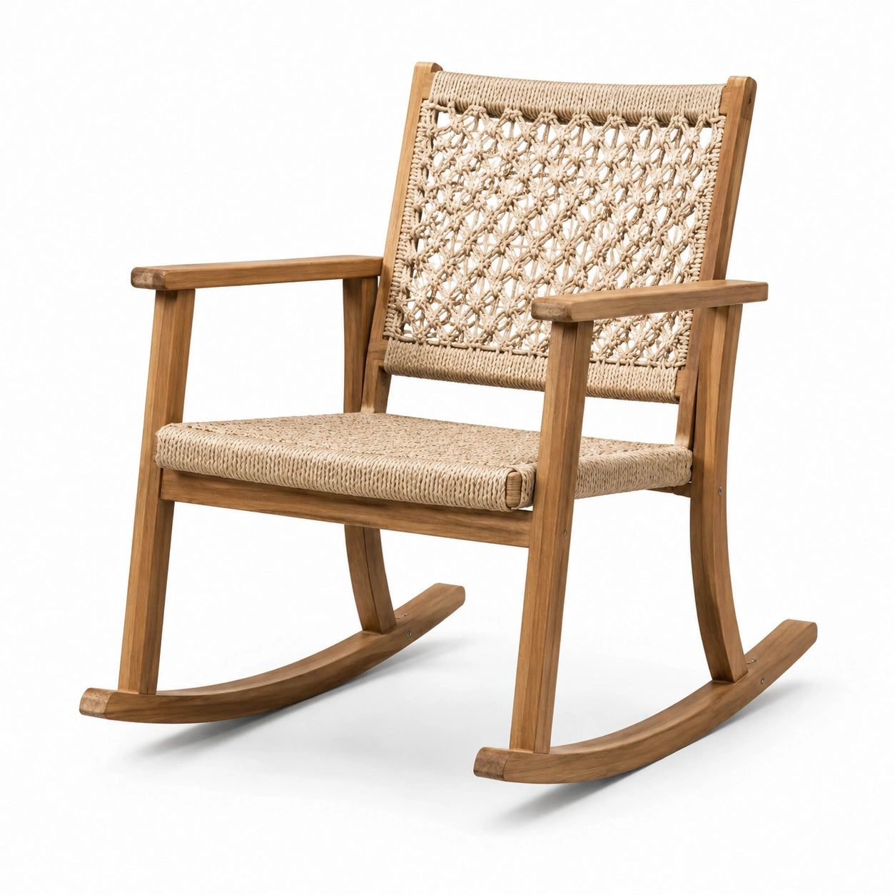 Schaukelstuhl aus Teakholz mit Polyestergarn Geflecht Beige