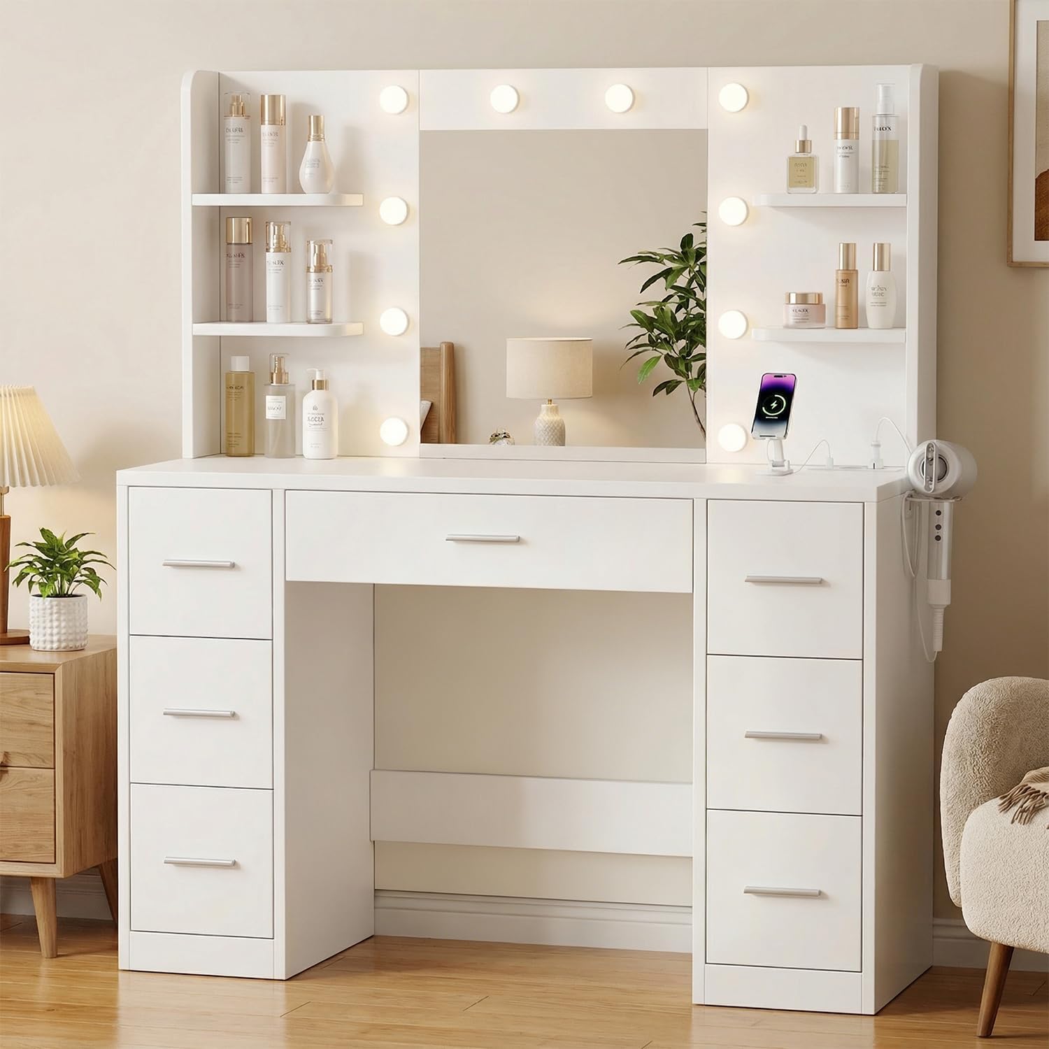 JUMMICO Große Schminktisch mit Verstellbaren LED-Beleuchtung und Steckdosen, Praktisch, Haartrockner, Schlafzimmer, 137 cm