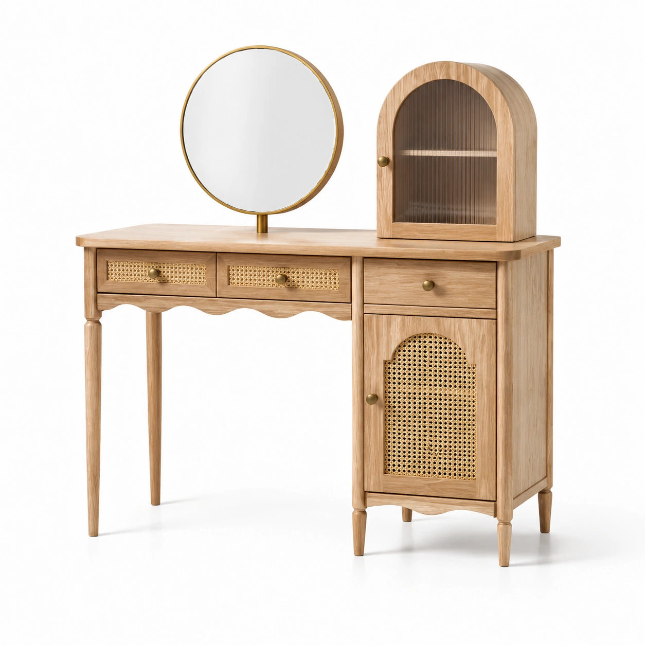 Massivholz Frisiertisch mit Rattan und rundem Spiegel
