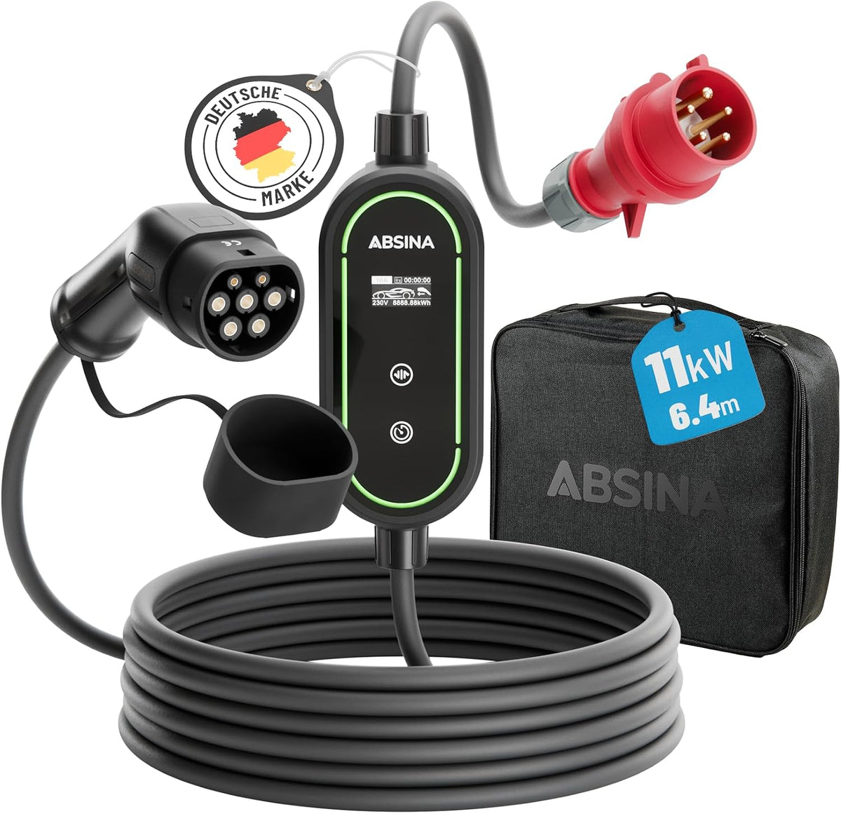 ABSINA Mobile Wallbox 11 kW mit Einstellbarer Ladeleistung - Typ 2 Ladekabel E Auto 16A, 400 V, 30 °C, 90 °C