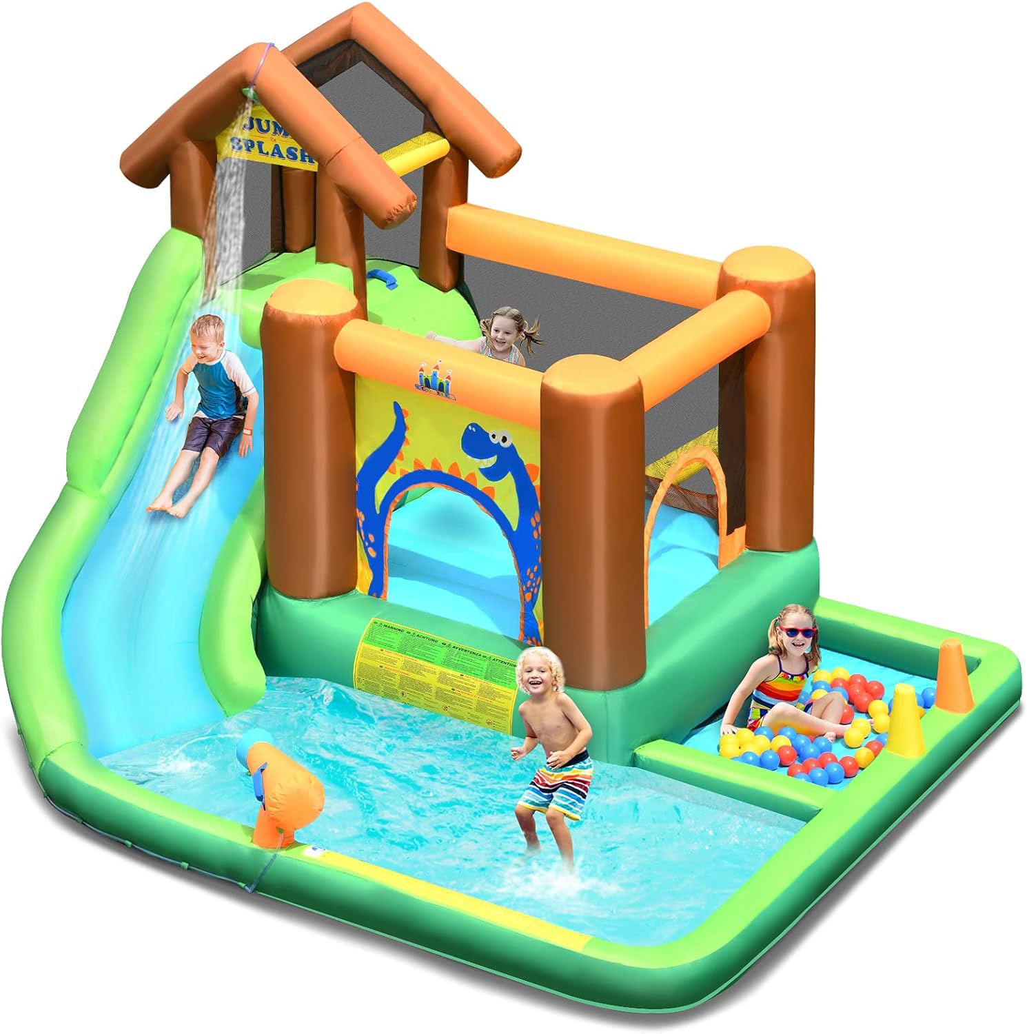 COSTWAY Hüpfburg Wasserrutsche Spielpool Aufblasbare, 2 Minuten, 45 kg, 135 kg, 368 cm, Grün