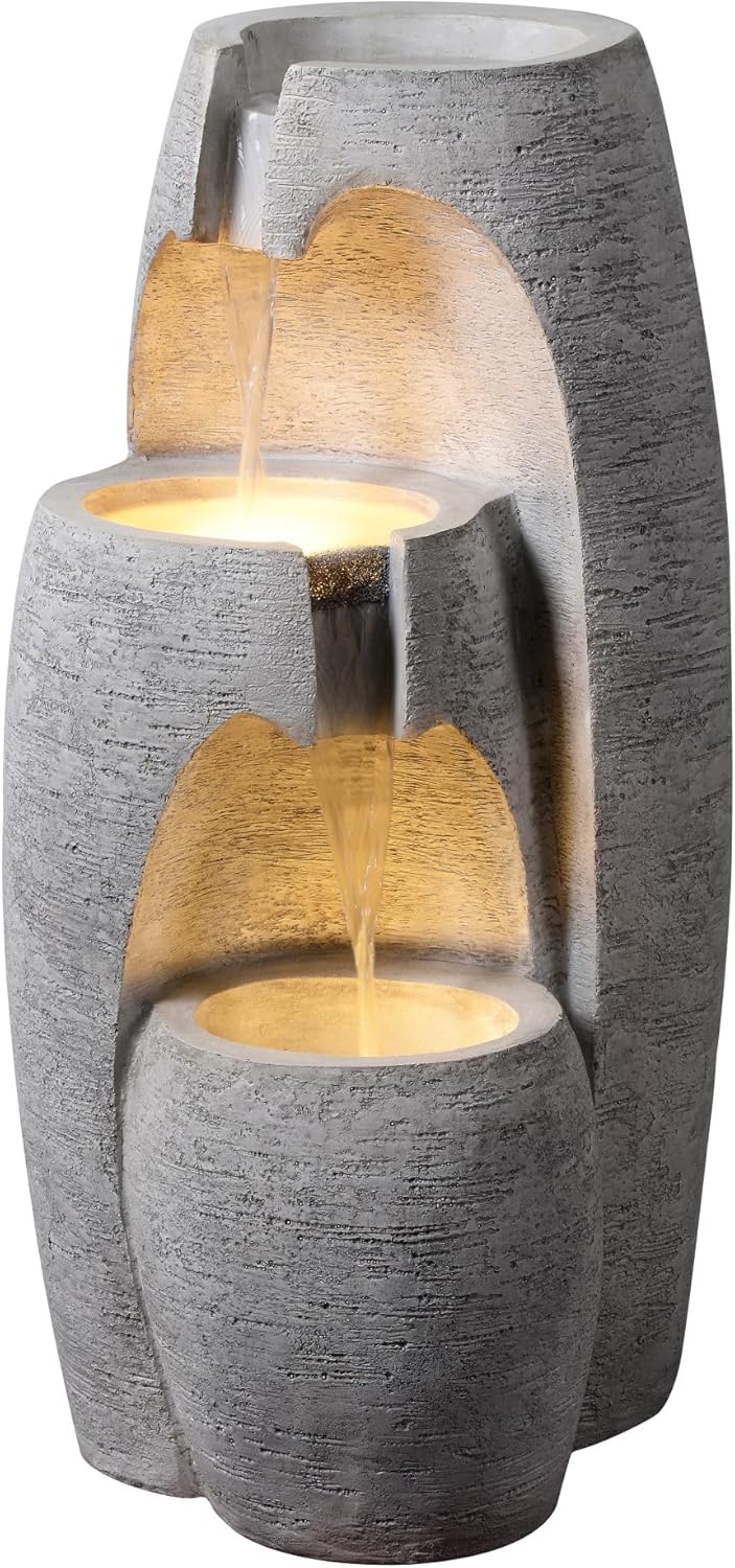 Teamson Home Garten Outdoor Brunnen Moderner 3-stufiger Kaskaden-Urnenbrunnen mit, 71 cm, LED