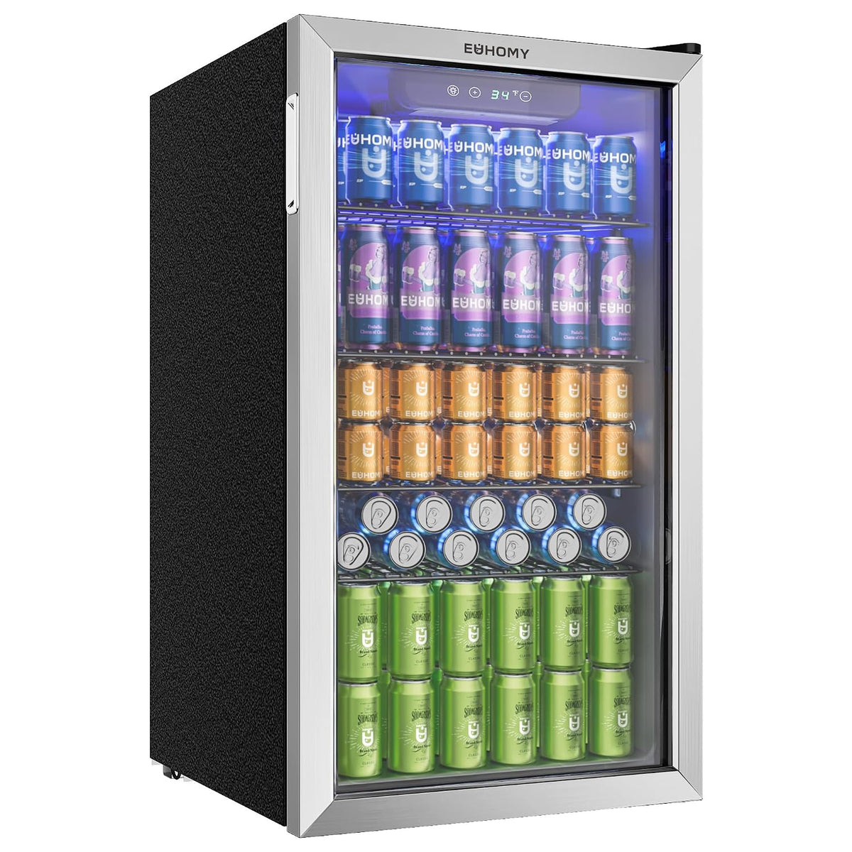 EUHOMY 90 l Getränkekühlschrank, Mini-Kühlschrank, 0,74 kWh, Glastür, Edelstahl