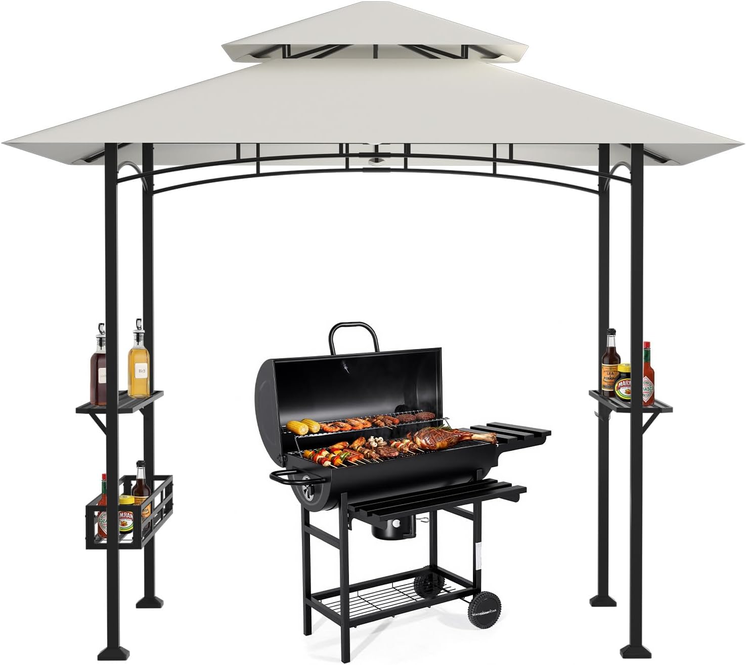 Pavillon Grill 238 × 148 × 242 cm Eikuavons, 2 Seitenablagen, UV30+ Sonnenschutz, 40 × 40 × 0, 8 mm, 238 × 148 × 242 cm, BBQ, 10 Haken, Ablagekorb