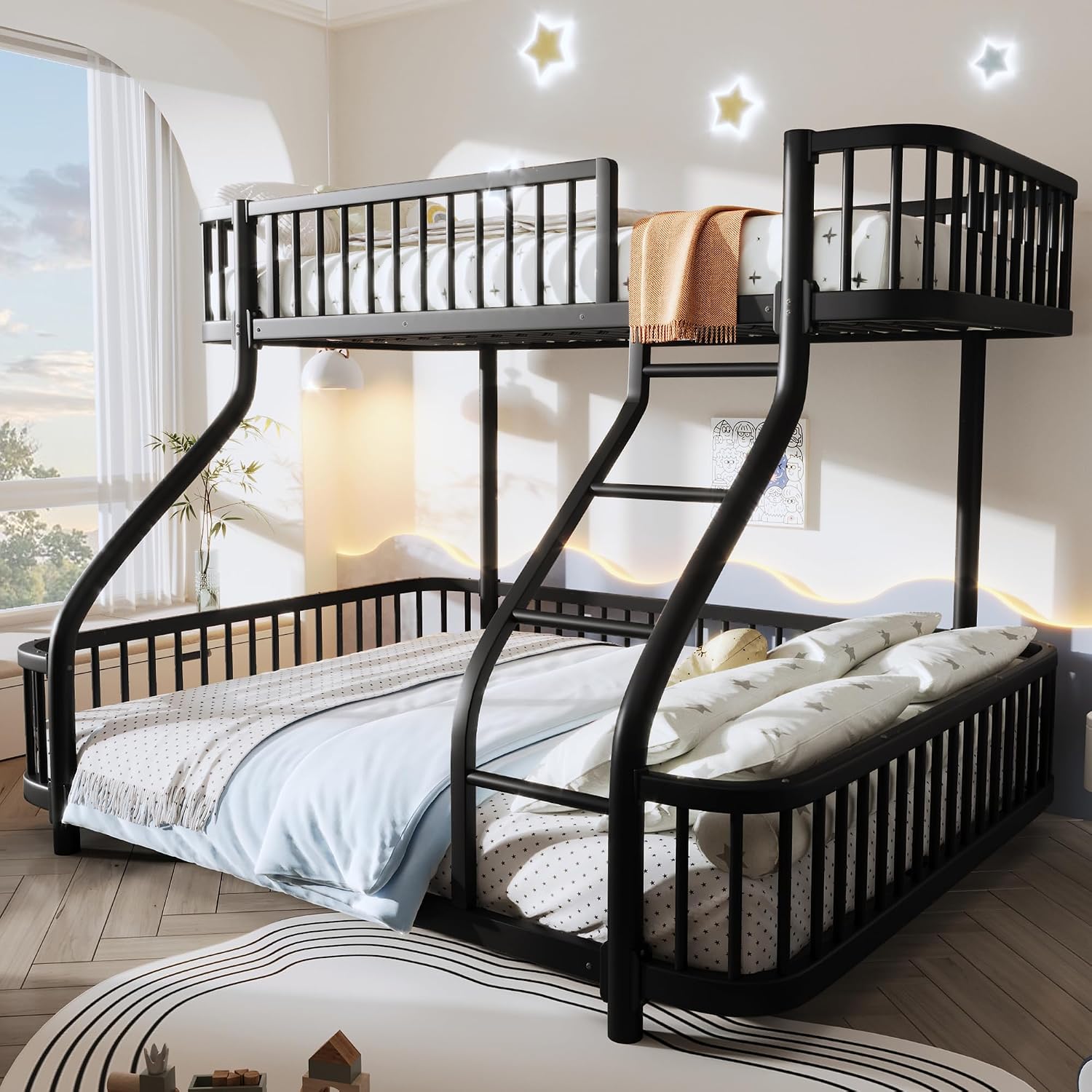 Bett Etagen Kinderbett 90 × 200 & 140 × 200 Httcg, 200 cm, Hochbett Metallbett mit Abgerundete Ecken, Ohne Matratze, Schwarz
