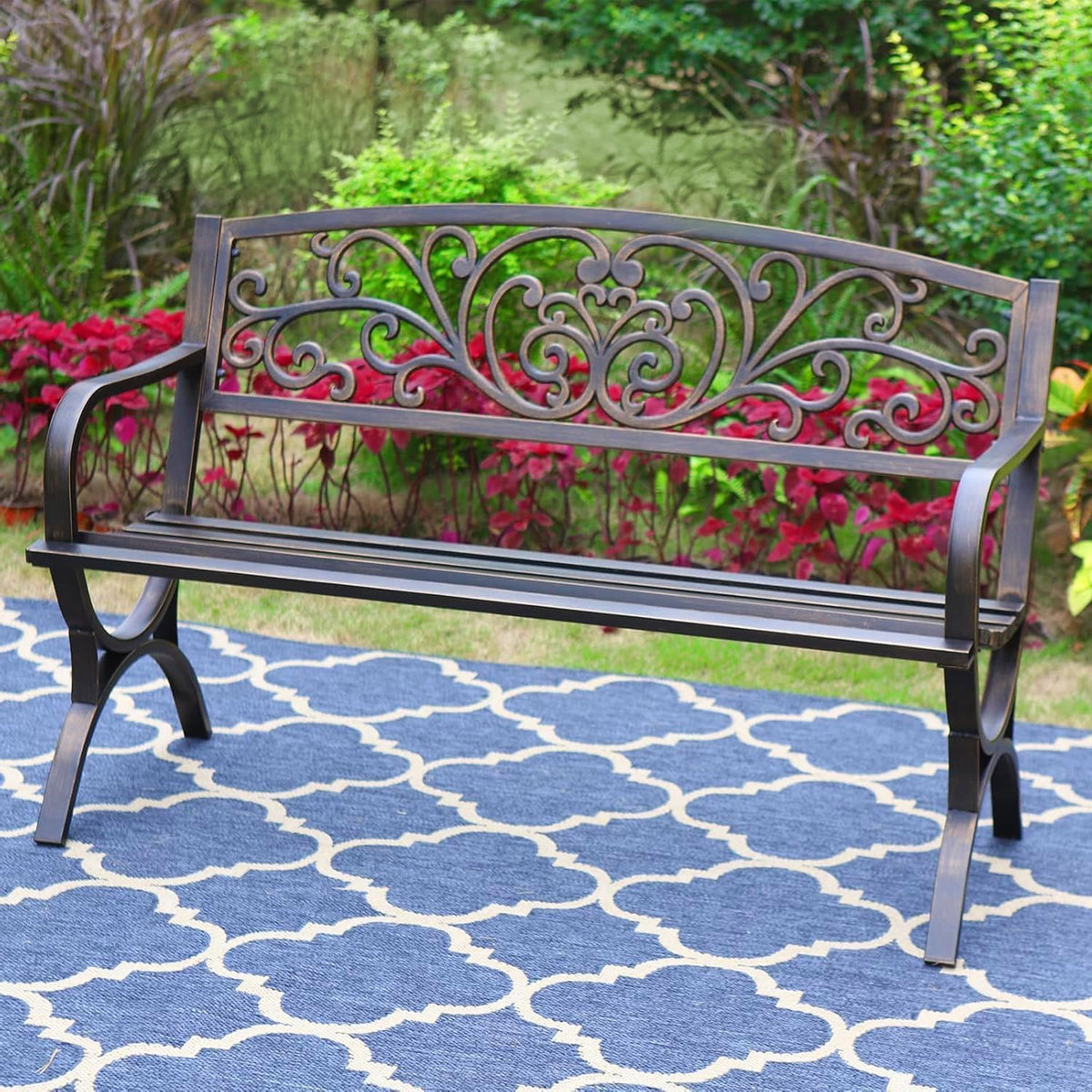PHI VILLA Gartenbank Metall Rostfrei Rückenlehne aus Gusseisen Stahlrahmen 2-3 Sitzer, Outdoor, 82 cm, 15 Minuten