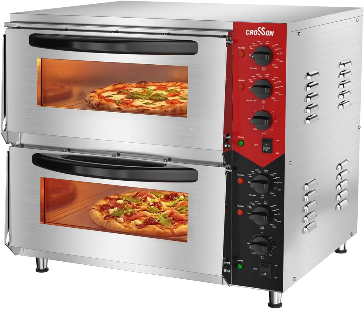 CROSSON Professional Doppel Pizzaofen mit 50 * 50 CM Schamottstein, 12 mm, 6000 W, 6-8 Minuten, 350 °C, 230 V, Edelstahl