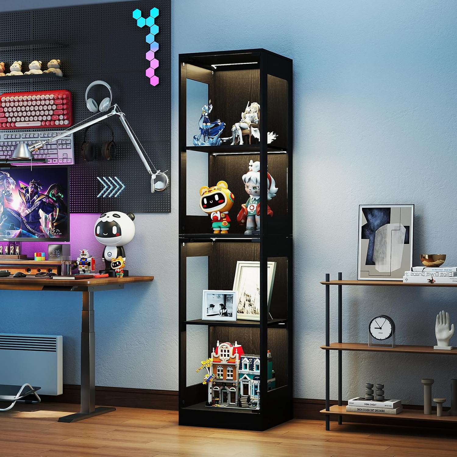 YU YUSING Vitrine mit LED Beleuchtung und Glastüren, Vitrinenschrank, 165 cm, 20 kg, 15 kg