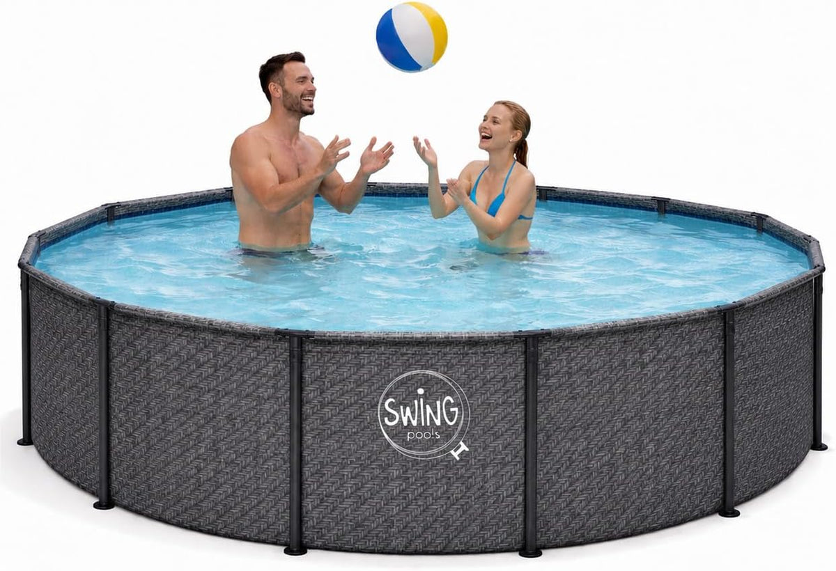 HAF - Swing Frame Pool rund Grau Fischgräte (Ø 366 cm, Terrasse, 30 Minuten, 91 cm, 32 mm