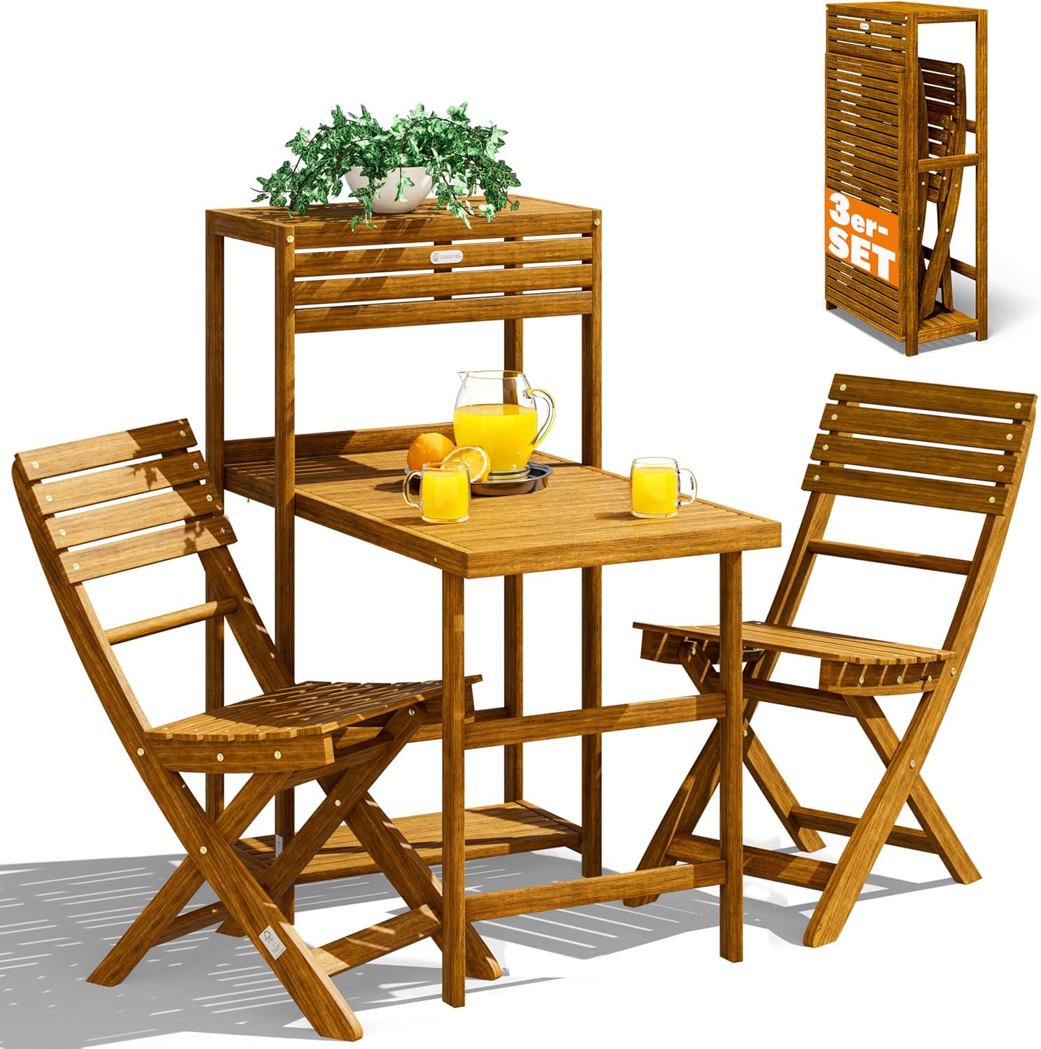Casaria Balkon Set 2 Personen Wetterfest Klappbar Holz FSC-Zertifiziert 160 kg, Regal-Schrank, Tisch, Garten, 61 cm, 80 cm, 80 kg
