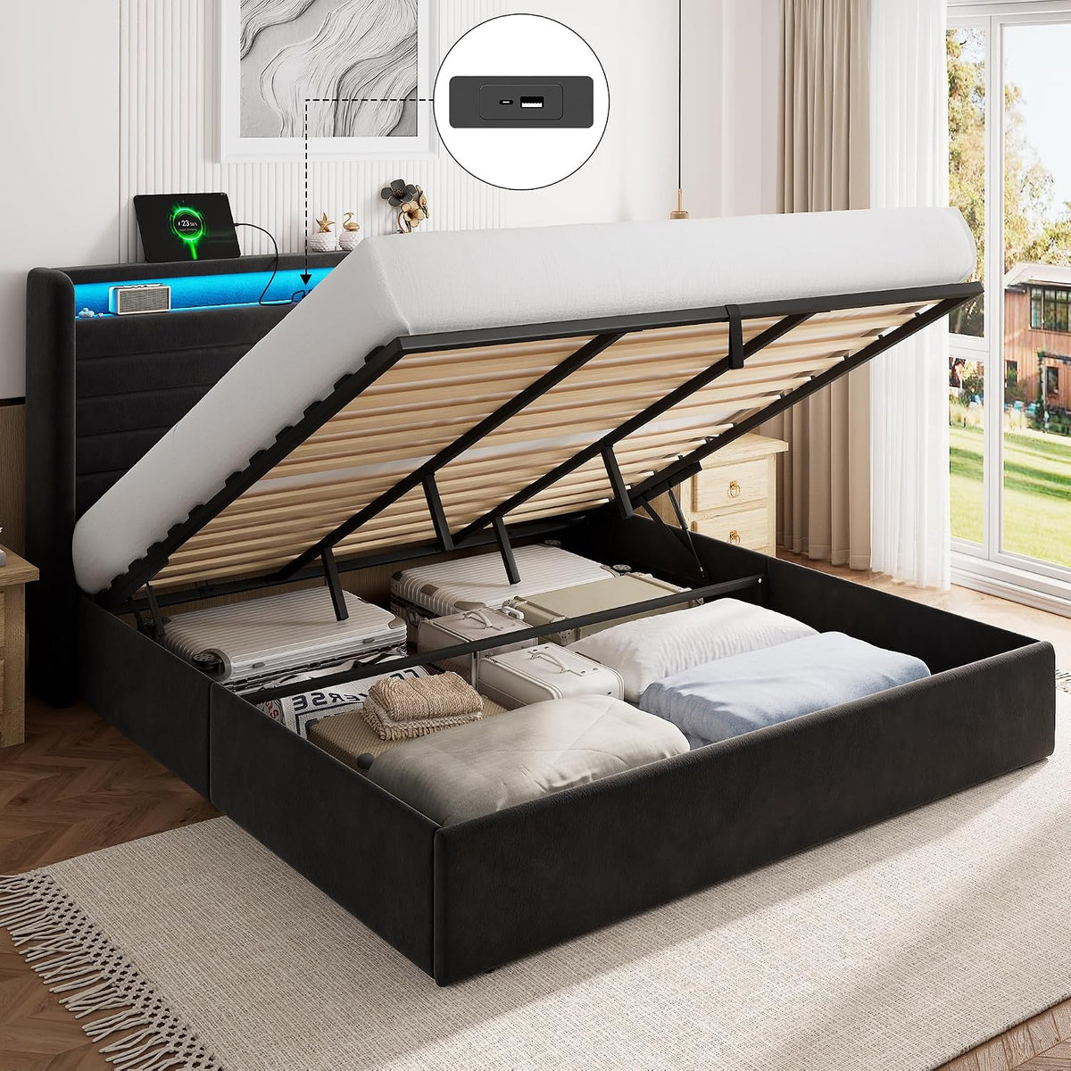 FEONASE Bett 180 × 200 mit Stauraum, Doppelbett, Federkernmatratze