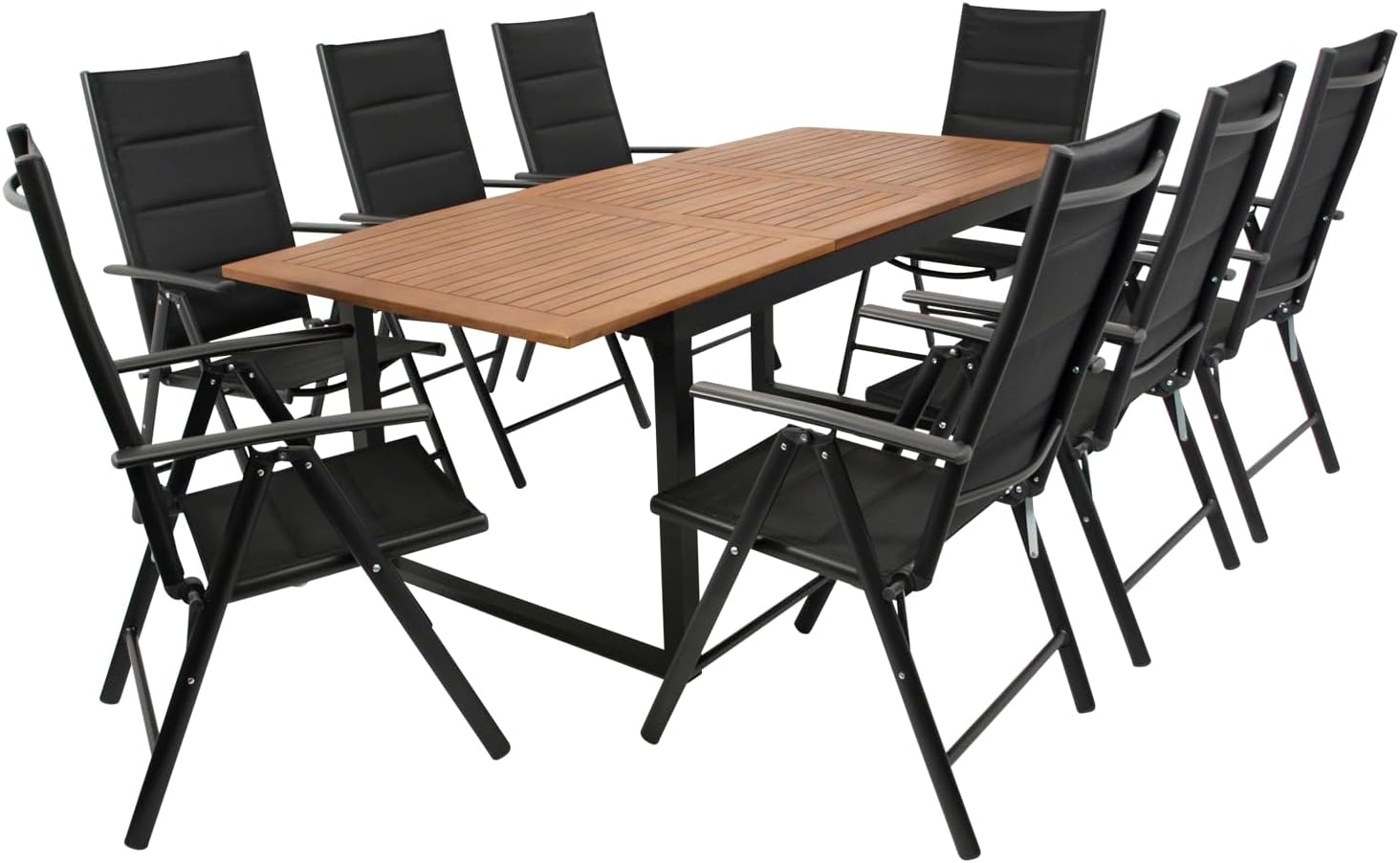 DEGAMO Gartenset Garnitur RIVELLO 9-teilig (8X Klappsessel, Ausziehtisch, Hochlehnsessel, 90 cm, 150 cm, 200 cm, 25 mm, Aluminium, Schwarz