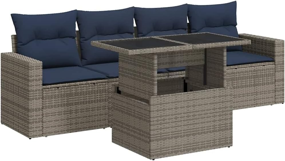 VidaXL 5-TLG. Garten-Sofagarnitur mit Kissen Grau Poly Rattan Akazie, Gartensofa, Spielzeug, 110 kg, Kunststoff