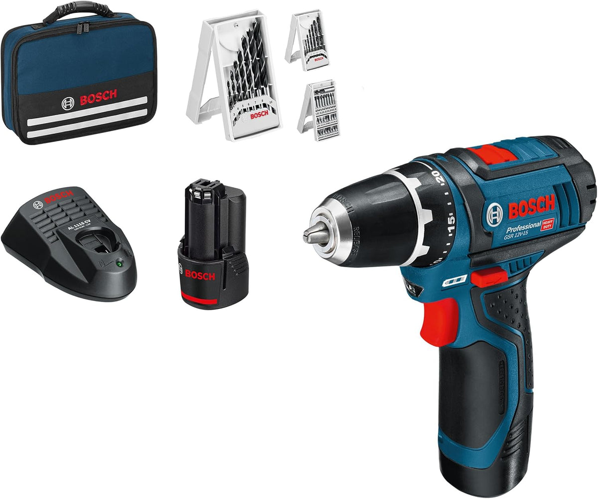 Bosch Professional 12 V System Akku Bohrschrauber GSR 12 V-15 (inkl. 2 × 2.0 Akku, 169 mm, 19 mm, 10 mm