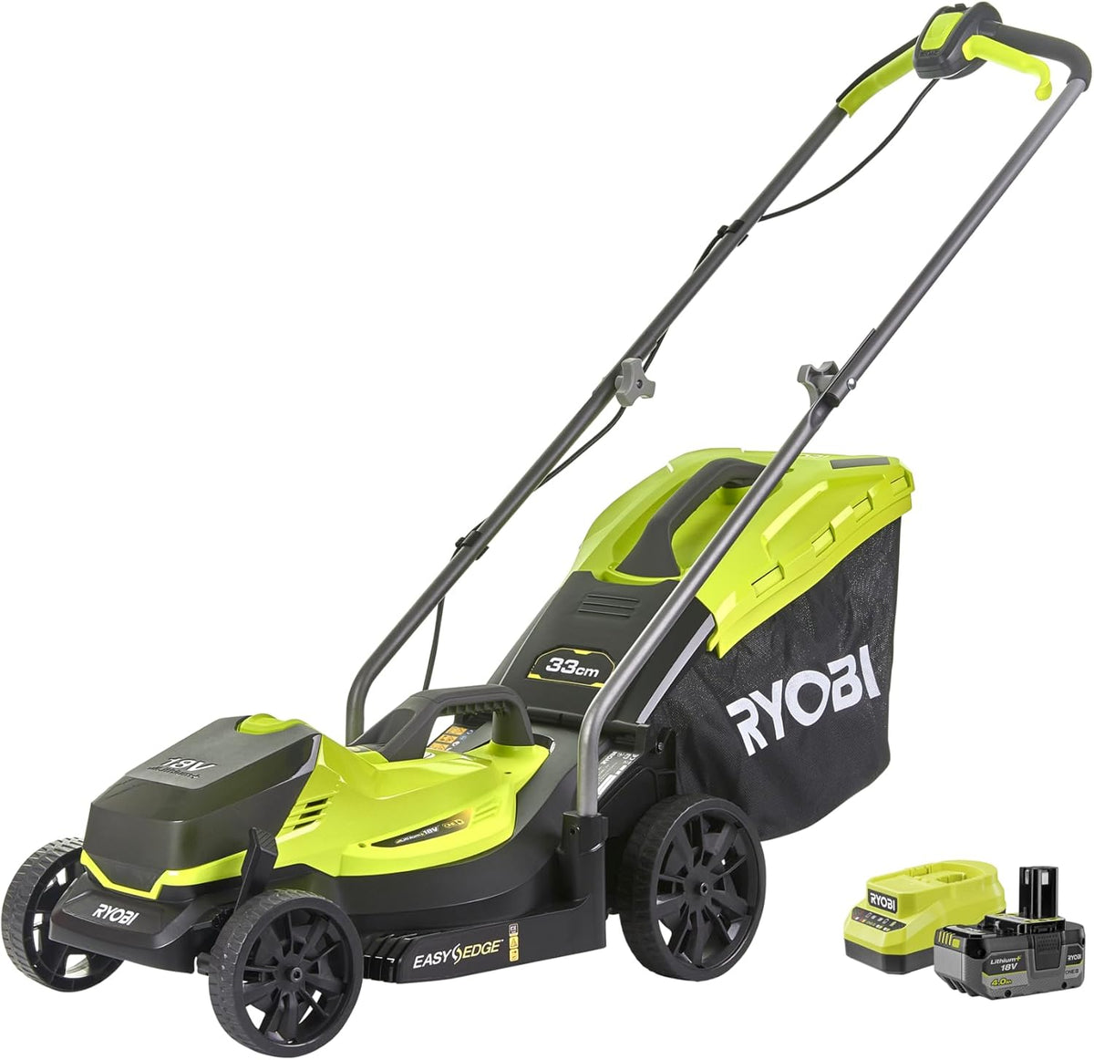RYOBI 18 V ONE+ Akku-Rasenmäher RLM18 × 33B40,33 cm Schnittbreite, Garten, 25–65 mm, 4,0 Ah, Schnellladegerät