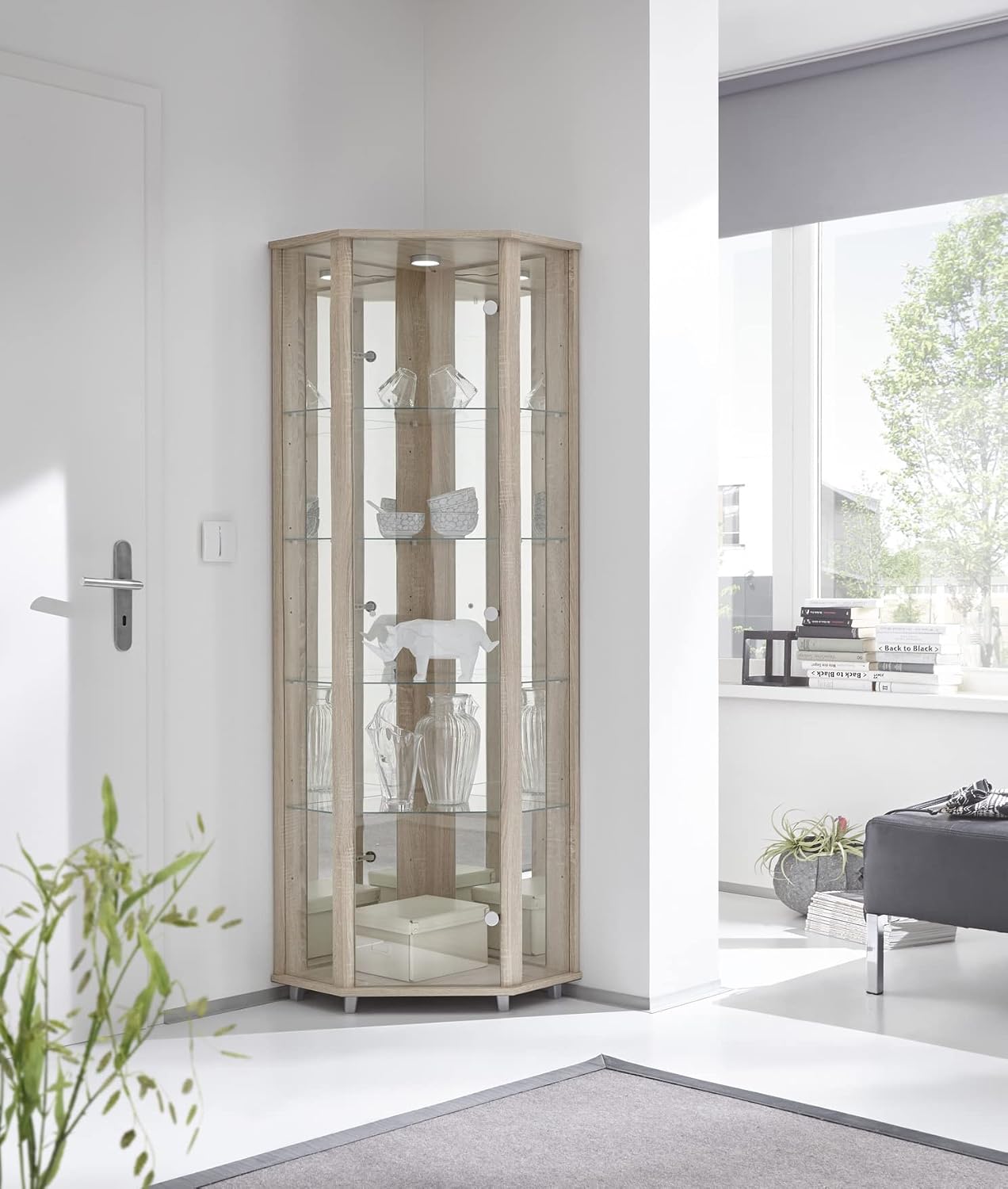 Möbelando Eckvitrine Vitrinenschrank Glasvitrine Vitrine Berlin I Sonoma Eiche, Praktisch, 172 cm, 71 cm, 50 cm, LED-Beleuchtung, Glastür