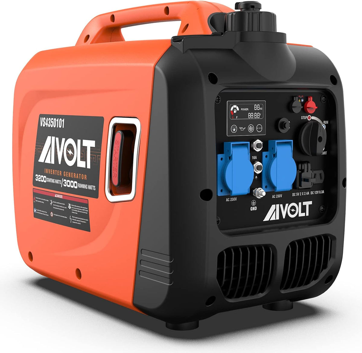 AIVOLT Inverter Stromerzeuger 3200 Watt Stromgenerator Notstromaggregat Benzin leise, Fernseher, Camping, 5 V, 12 V, 5 Stunden, 750 W, 3.6 Stunden