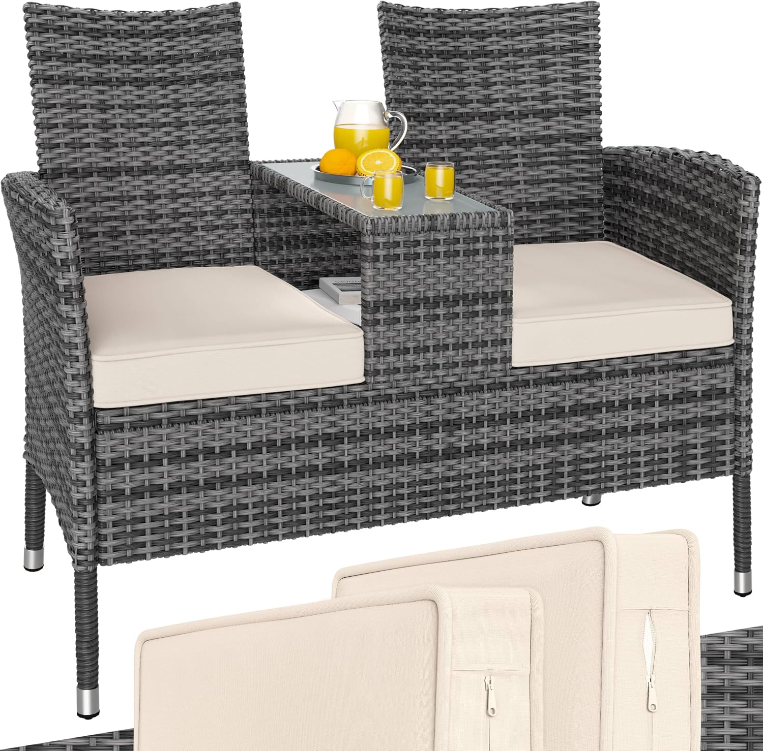 Casaria Gartenbank Sitzbank inkl. Auflagen Wetterfest Polyrattan 320 kg Belastbar Tisch, 9 cm, 30 °C, 80 kg