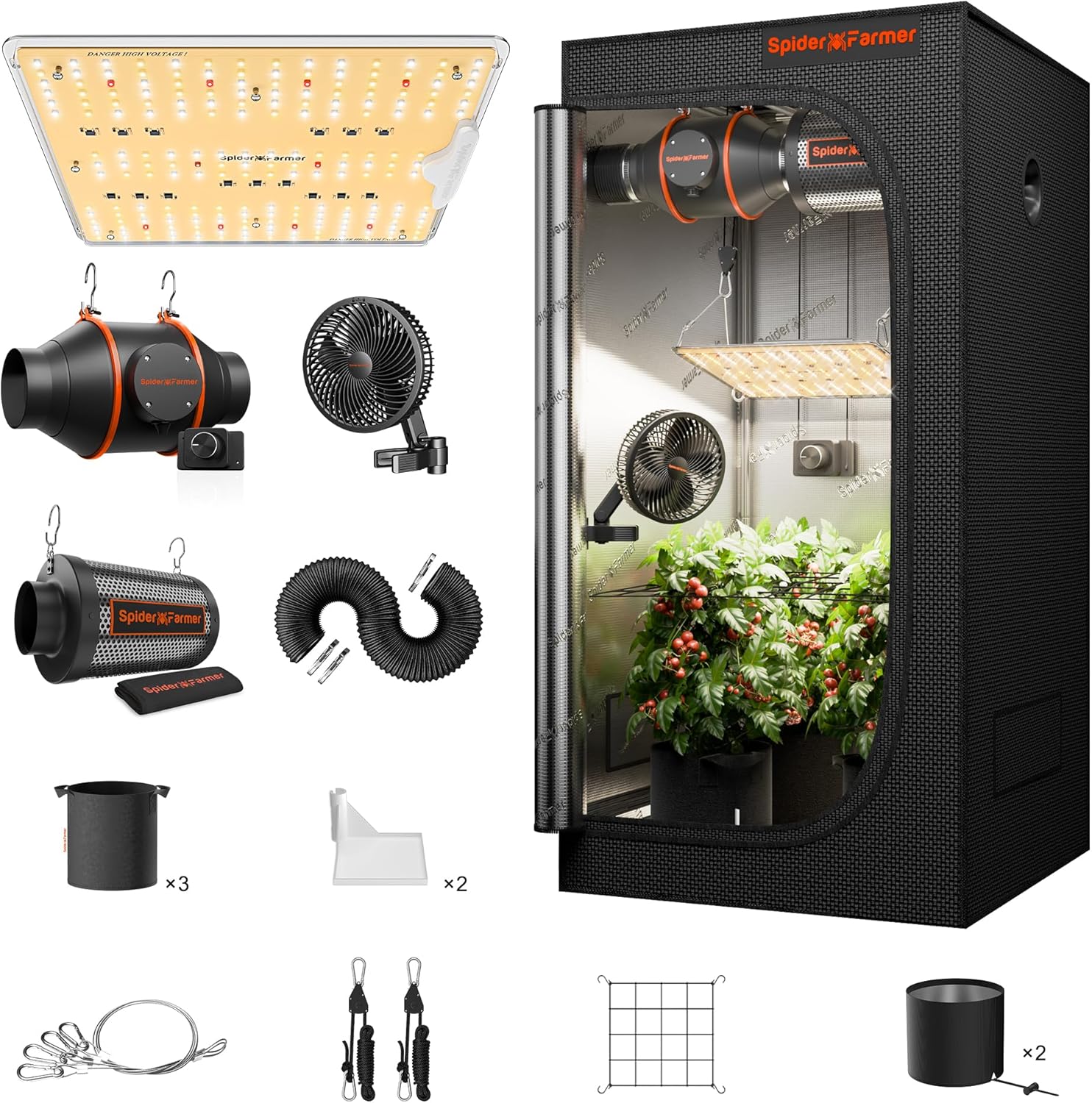 Spider Farmer SF1000D Growzelt Komplettset LED Grow Lampe, Wachstumslampe, Cm-Inline-Kanalventilator, 140 cm, 10 cm, 100 W, 2.5 g, 54 kg, Aluminium