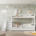 Bett Etagen Kinderbett 90 × 200 für 2 Kinder Jovify, Hochbett mit Treppe&Rutsche&2 Schubladen, Massivholz, Ohne Matratze, Weiß, Stauraum