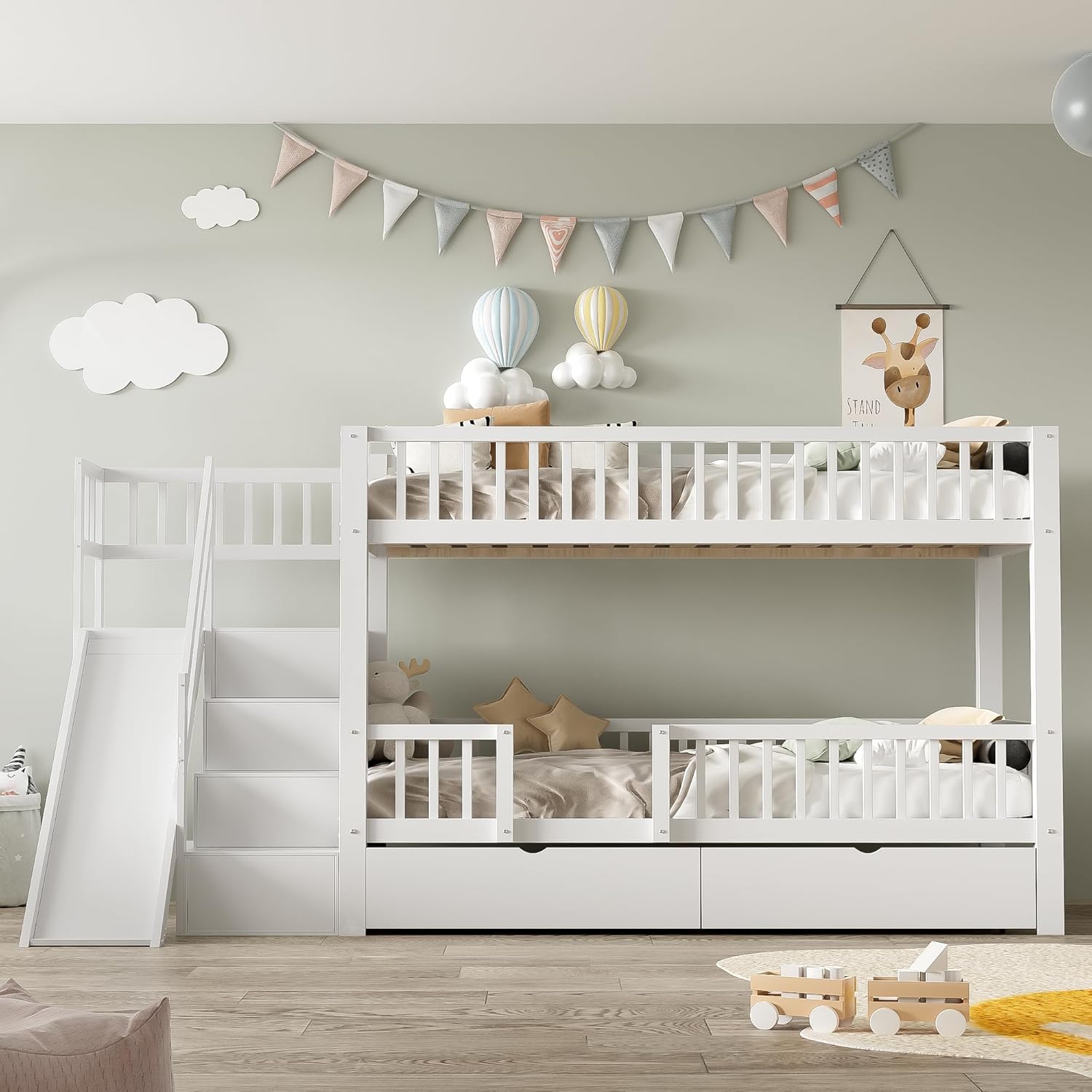 Bett Etagen Kinderbett 90 × 200 für 2 Kinder Jovify, Hochbett mit Treppe&Rutsche&2 Schubladen, Massivholz, Ohne Matratze, Weiß, Stauraum