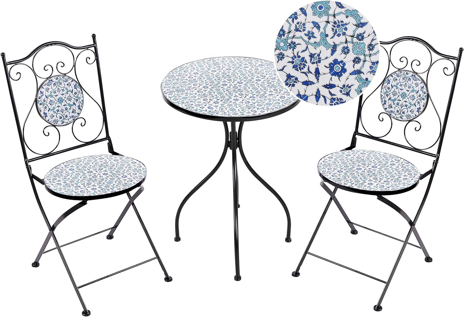 Beliani Balkonset 3-teilig Eisen schwarz Mosaik Tisch mit 2 Stühlen klappbar Chapeco, Praktisch, Balkontisch, Outdoor