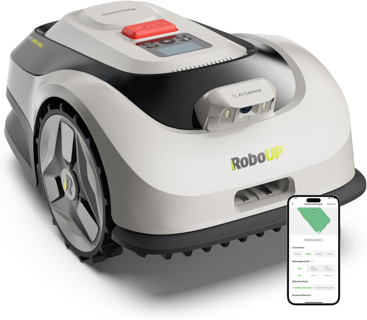 RoboUP Raccoon 2 SE Mähroboter, Max. 600m2 Rasenfläche, 3-8 cm Schnitthöhe, Intelligenter KI Rasenmäher Roboter mit 5 Ah-Schnellladen-Akku
