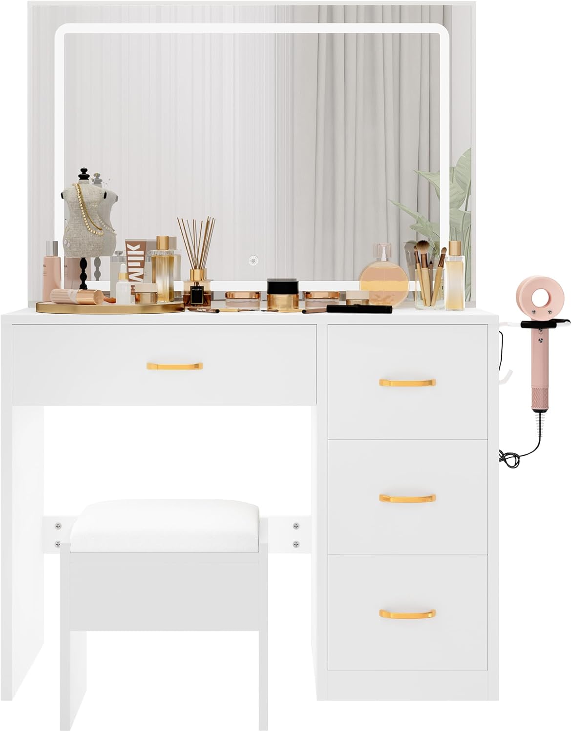 YITAHOME Schminktisch mit Spiegel, Stuhl, Kosmetiktisch, Schlafzimmer, 90 cm, 40 cm, 136 cm, LED, Weiß