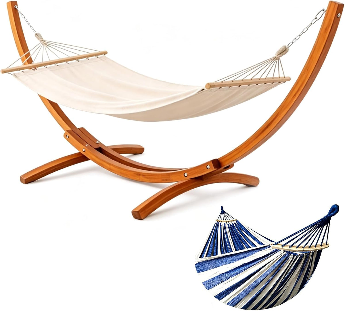 BELONID Hängematte mit Gestell, 320 × 120 × 120 cm, 200 kg, Massivkiefernholz, massives Kiefernholz, Holzgestell, Höhenverstellbar, Beige/Blau/Weiß