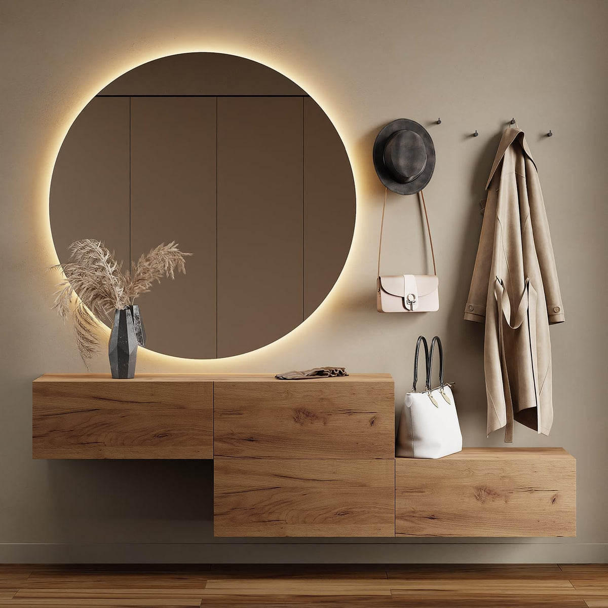 Planetmöbel Flurgarderobe 2 × 140 cm inkl. Spiegel rund mit Beleuchtung 100 cm, Dielenschrank, 32,5 cm, 37,8 cm, LED-Beleuchtung, Schwarz