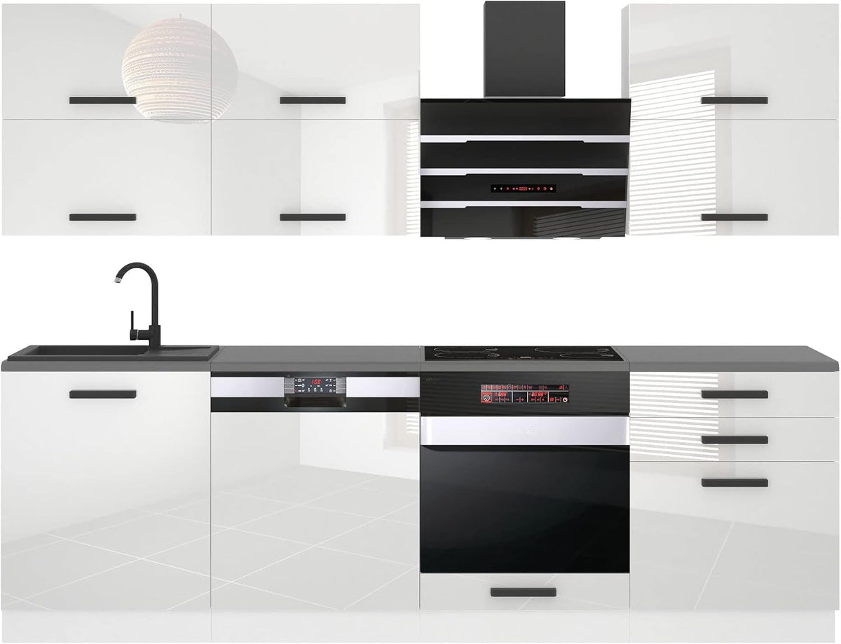 B BELINI GROUP Belini Küchenzeile Küchenblock Madison, 240 cm, Arbeitsplatten, Weiß Hochglanz, Weiß/Schwarz, Aluminium